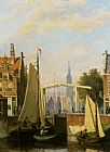 Boats on a Canal in a Dutch Town by Johannes Frederik Hulk
